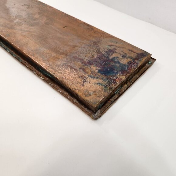 Chinese Copper Serving Tray Dragon Fish Symbols Bamboo Motif Antique 26x8" - Picture 9 of 14